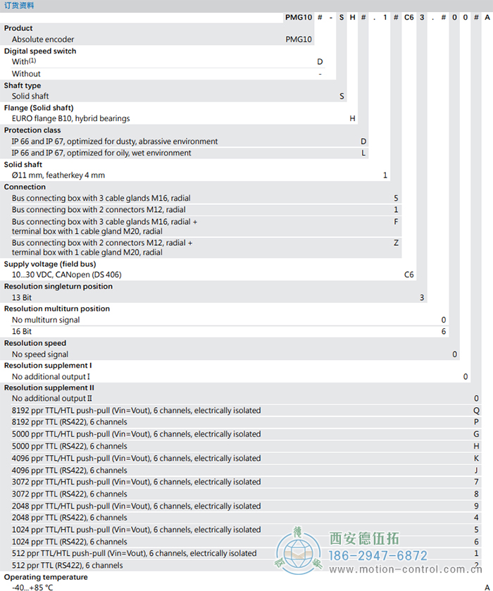 PMG10 - CANopen®絕對值重載編碼器訂貨選型參考(?11 mm實(shí)心軸，帶歐式法蘭B10或外殼支腳) - 西安德伍拓自動化傳動系統(tǒng)有限公司