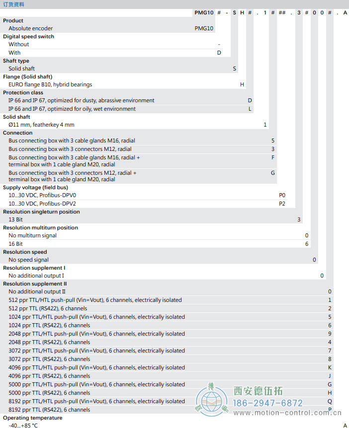 PMG10 - Profibus DP絕對值重載編碼器訂貨選型參考(?11 mm實(shí)心軸，帶歐式法蘭B10或外殼支腳 (B3)) - 西安德伍拓自動化傳動系統(tǒng)有限公司