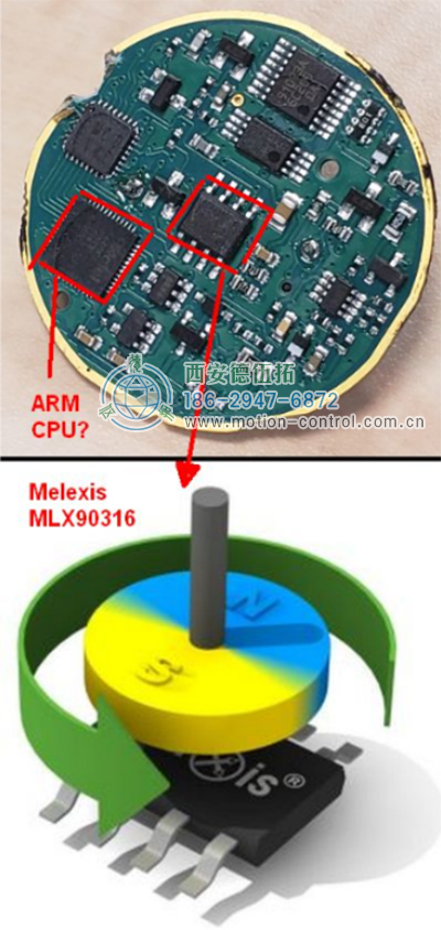 在PCB的中心，有Melexis芯片和可能的ARM微控制器