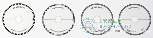 上圖顯示了四個具有不同行數(shù)的光電編碼器盤，可以觀察到行的密度不同。